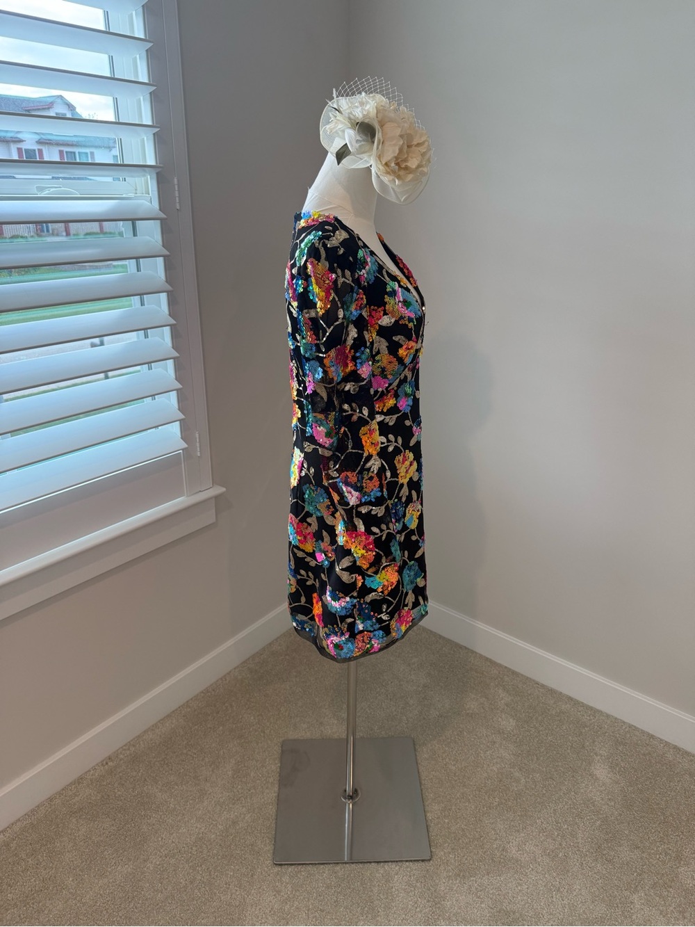 Black Sequin Floral V-Neck Long Sleeve Mini Dress - Picture 4 of 8